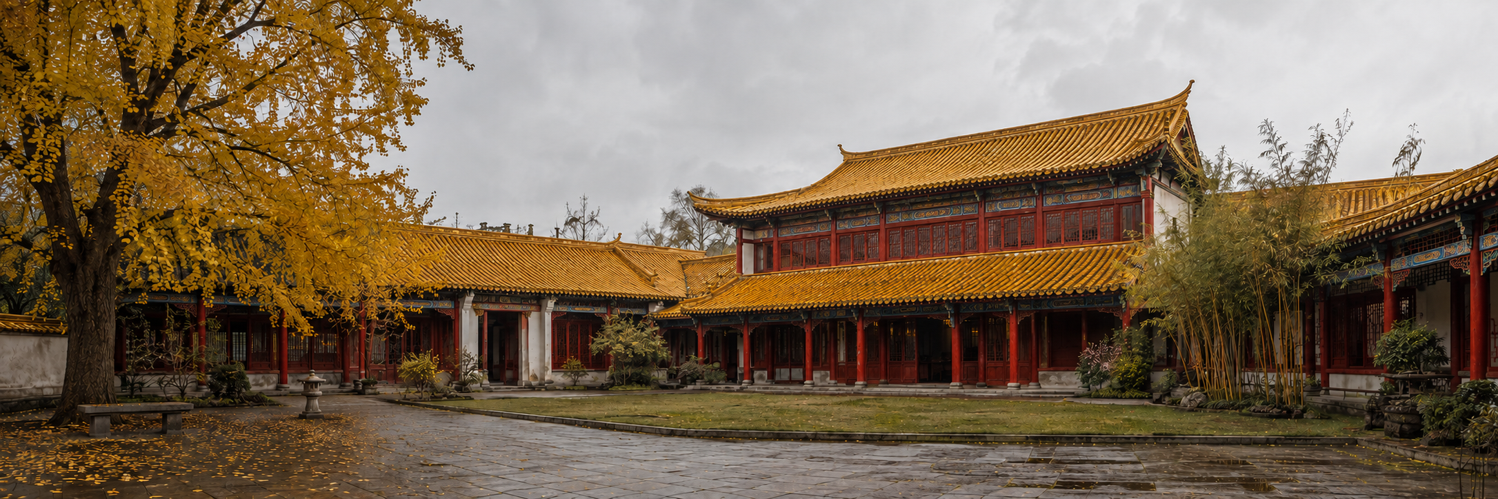 虚构校园摄影风格概念图：金色琉璃瓦、朱红柱廊的皇家书院与秋日庭院